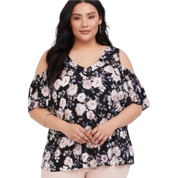 Torrid Cold Shoulder Textured Woven With Eyelet Trim Color Rough Floral SX 1X - Picture 1 of 10